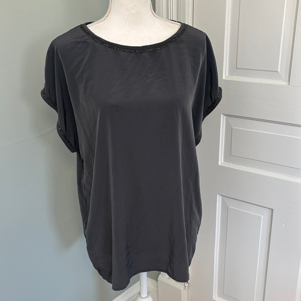 Amber Sun Elegant Black Beaded Women's Short Sleeve Top Shirt Size Large